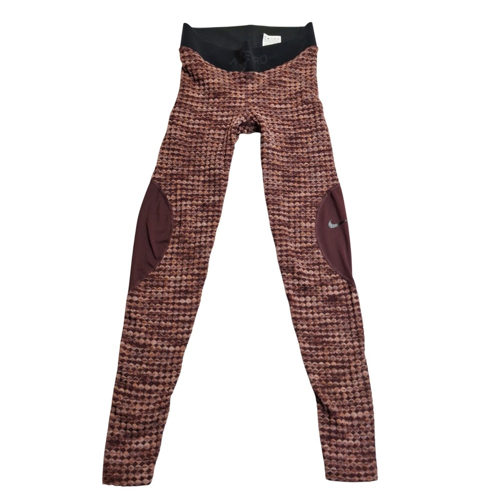 Nike‎ Pro HyperWarm Leggings Womens S Burgundy Brown Diamond Textured 933305-652